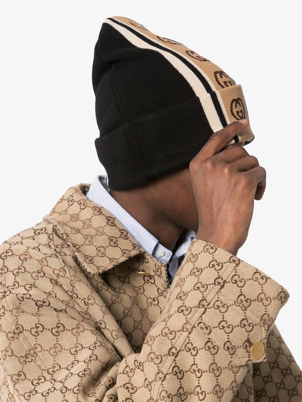 Authentic BRAND NEW Gucci Men's Black Interlocking G Stripe Beanie